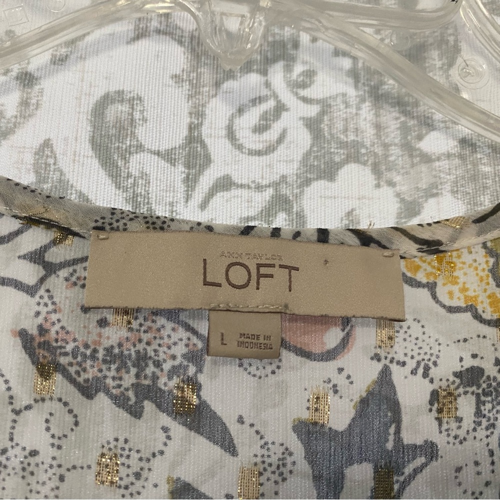 LOFT Flutter Flounce Shimmer Gold Swiss Dot Boho Feminine Floral Dress Pastel L - Picture 11 of 12
